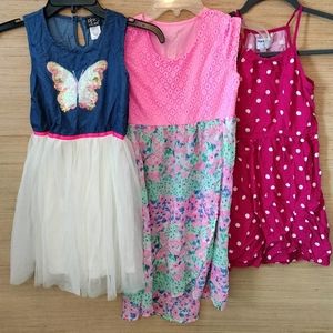 Bundle of THREE dresses. Sizes 7/8 and 8. Pink Violet, old navy, and wonder nati